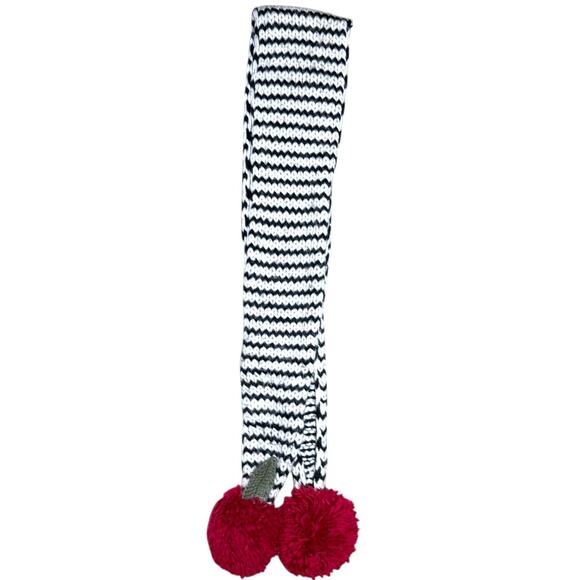 Kate Spade Chunky Knit Skinny Scarf Cherry Pom Winter Scarf Black & White OS - Picture 4 of 8